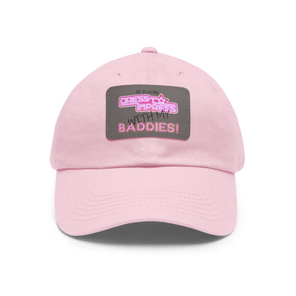 Printify Hats Light Pink / Grey patch / Rectangle / One size I play Dress to Impress with my BADDIES DTI Dress to Impress Roblox Fashion Game Dad Hat with Leather Patch