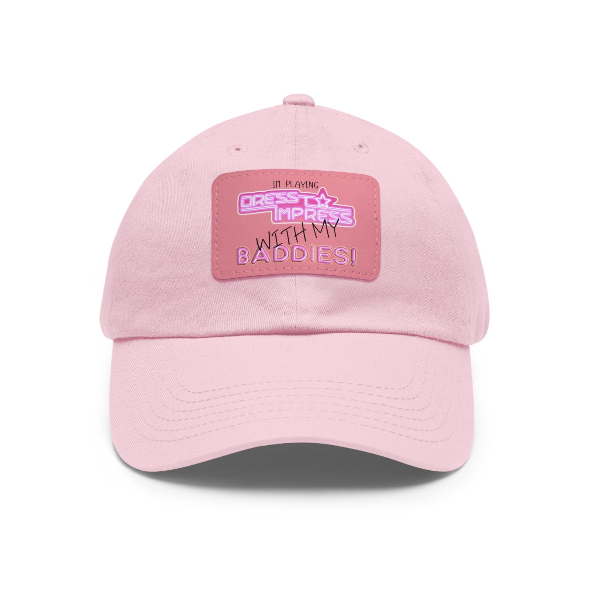 Printify Hats Light Pink / Pink patch / Rectangle / One size I play Dress to Impress with my BADDIES DTI Dress to Impress Roblox Fashion Game Dad Hat with Leather Patch